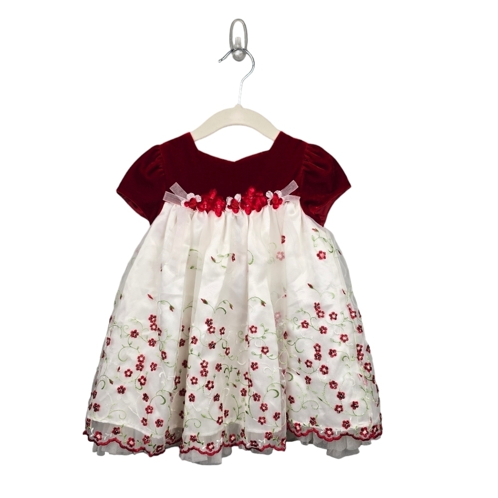 BONNIE BABY Velvet‎ Embroidered Floral Holiday Dress Red/White Baby Girl 18 M